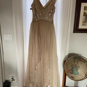 Izilady Gown Womens 16 Champagne Sequins Details V-NecK Short-Sleeve Formal NWT